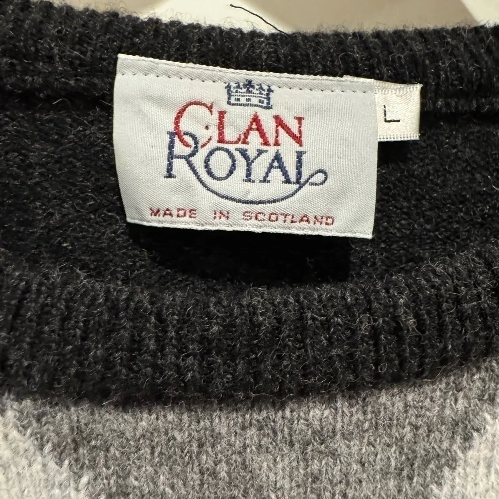 CLAN ROYAL Vintage Lambswool Sweater sz L Scotland Golf gray White black - Picture 2 of 7
